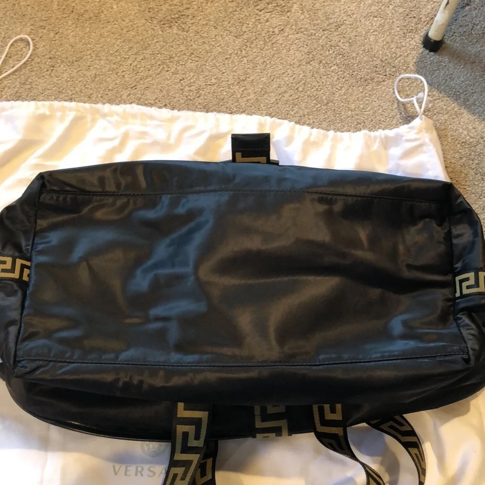 Versace like new black Greca travel bag gold accents nylon magnet close  17x14x7